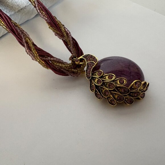Purple Gold Tone Rhinestone Peacock Pendant Necklace Bohemian Statement Jewelry - Picture 3 of 7